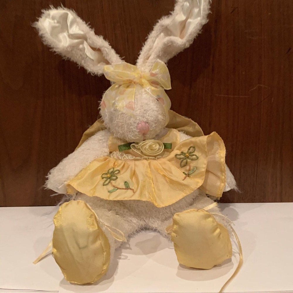 Stuffed White Bunny Rabbit Girl In Yellow Dress Easter Decor!!